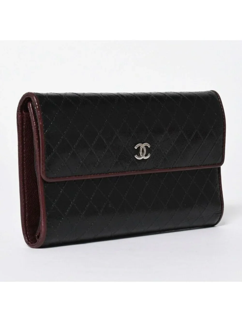 Chanel Bicolor Wallet CC Logo Calfskin Black Bordeaux Silver